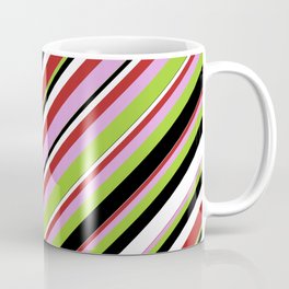 [ Thumbnail: Red, Plum, Green, Black & White Colored Lines Pattern Coffee Mug ]