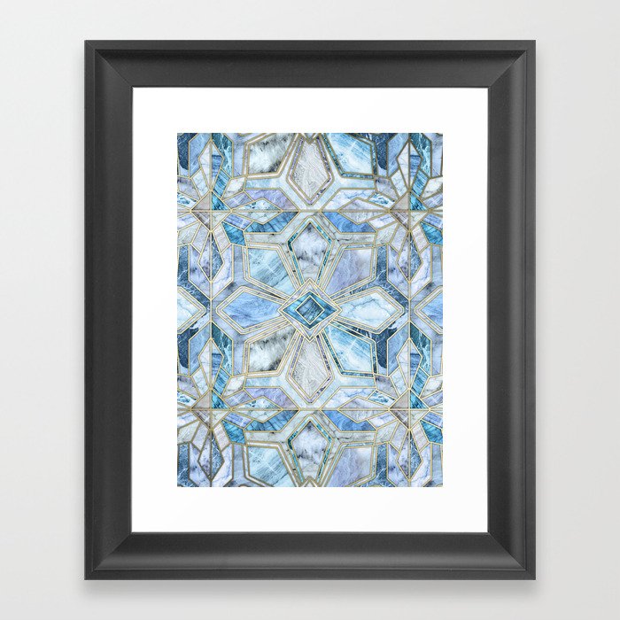 Geometric Gilded Stone Tiles in Soft Blues Framed Art Print