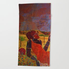 African American Masterpiece 'The Sun shines on All' portrait still life painting by Lola Lonli Beach Towel