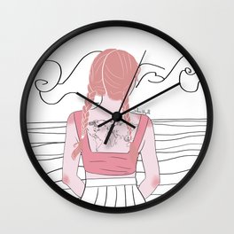 take me somewhere Wall Clock | Pink, Girl, Cloudes, Vector, Digital, Illustration, World, Drawing, Sea, Vintage 