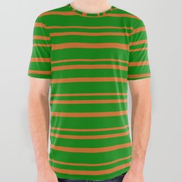 [ Thumbnail: Green & Chocolate Colored Lined/Striped Pattern All Over Graphic Tee ]