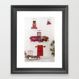 Italian pink flowers | White wall with a pink door | Travel photography | Italy art print Framed Art Print