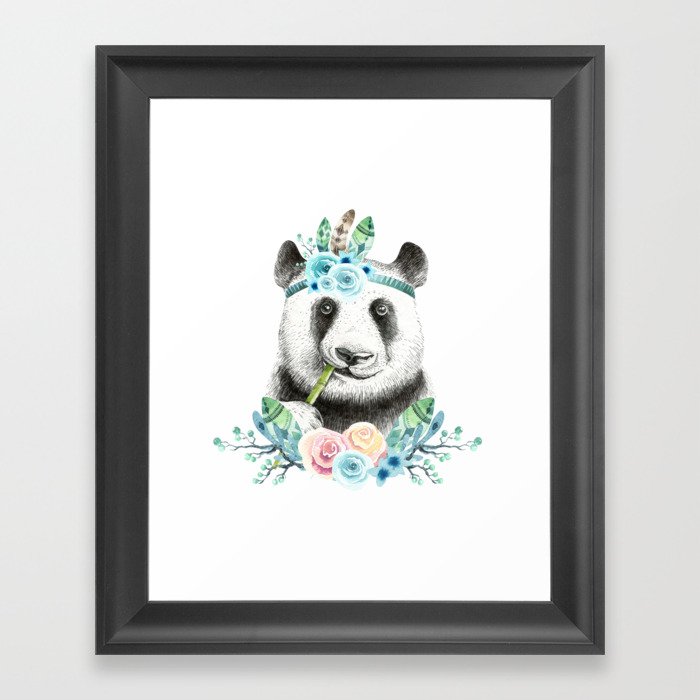 Watercolor Floral Spray Boho Panda Framed Art Print