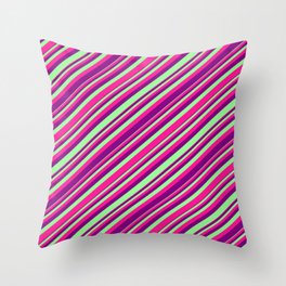 [ Thumbnail: Green, Deep Pink, and Purple Colored Stripes/Lines Pattern Throw Pillow ]