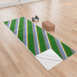 [ Thumbnail: Eyecatching Green, Bisque, Cornflower Blue, Gray, and Dark Green Colored Lined/Striped Pattern Yoga Towel ]