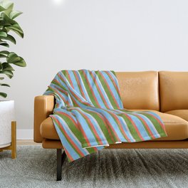 [ Thumbnail: Light Sky Blue, Red, Green & Lavender Colored Lined Pattern Throw Blanket ]