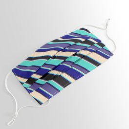 [ Thumbnail: Eye-catching Dark Slate Blue, Bisque, Turquoise, Blue, and Black Colored Lined/Striped Pattern Face Mask ]
