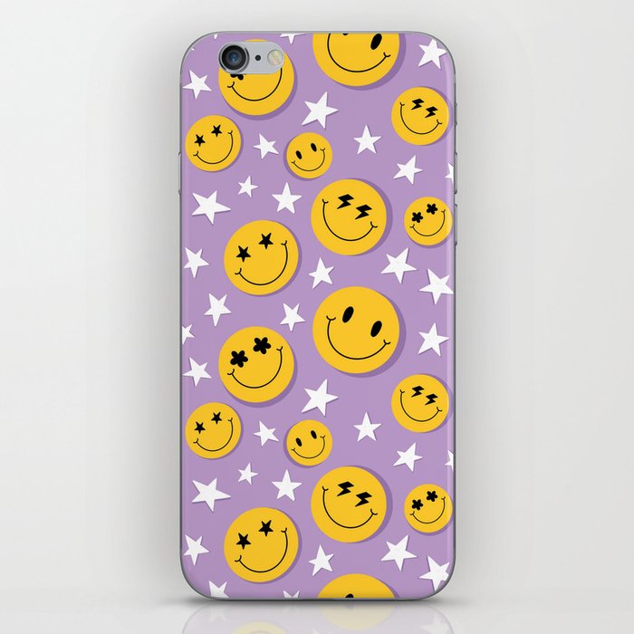 Retro pattern with smiling emoticons and different emotions. On a purple background with stars in hippie style  iPhone Skin