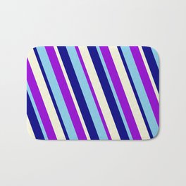 [ Thumbnail: Dark Violet, Sky Blue, Blue & Beige Colored Striped/Lined Pattern Bath Mat ]