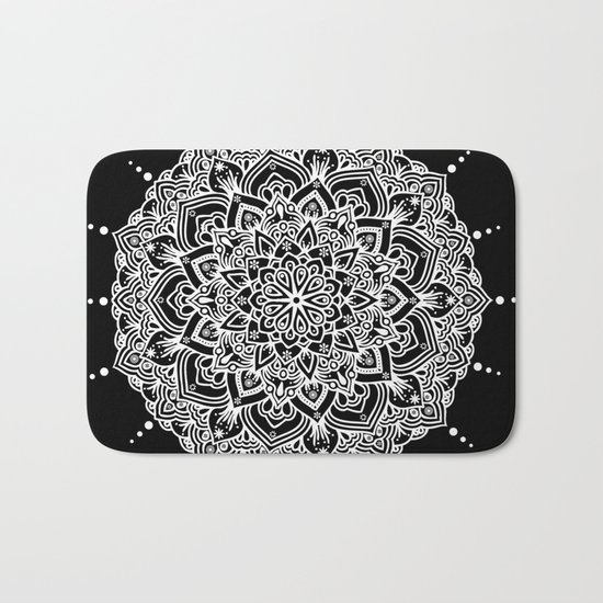 White Mandala With Droplets On Black Bath Mat