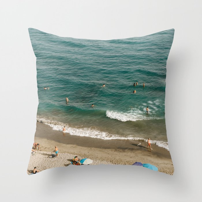 The blue sea, tropical sun | Sunny Spain, Marbella | Beautiful beach with sunbathing people | Travel photography Throw Pillow