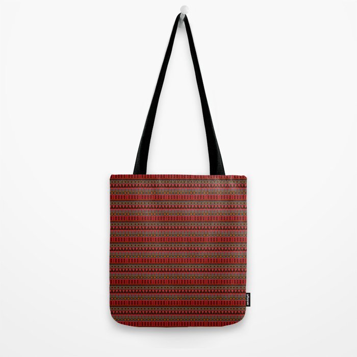 Aztec Tribal Motif Pattern In Red Mustard Salmon And Charcoal Tote