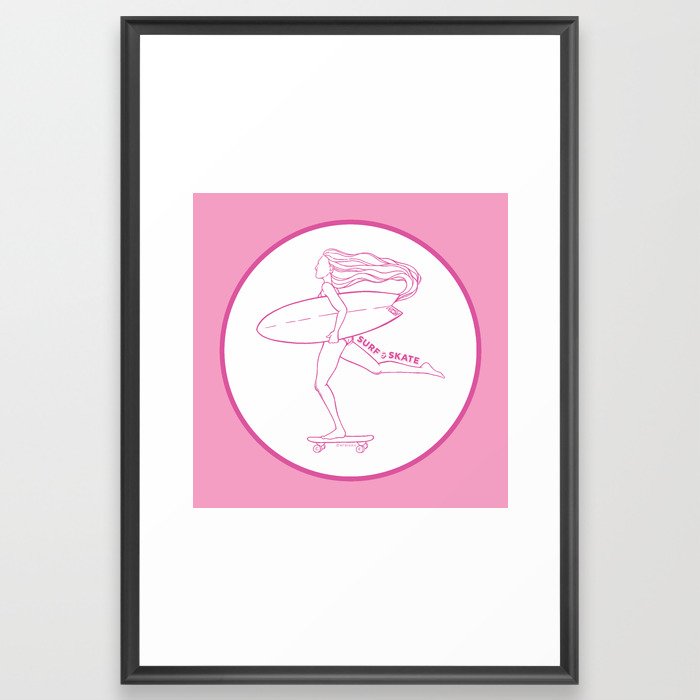 Surf Skate Cruise | California Skater Surfer Girl Design | Beach Inspired Artwork | Pink Bright Aesthetic  Framed Art Print