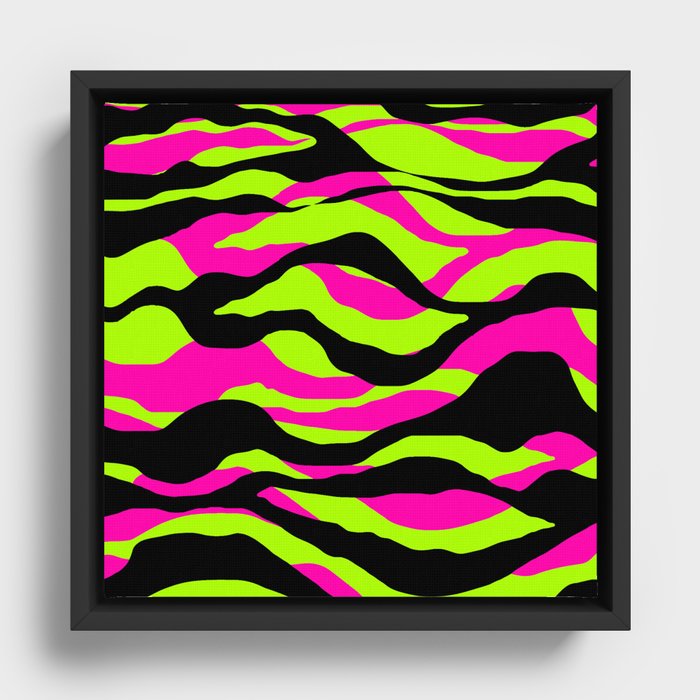 Neon Green Pink Black Wavy Pattern Framed Canvas