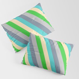 [ Thumbnail: Eyecatching Grey, Light Slate Gray, Turquoise, Beige & Lime Green Colored Stripes/Lines Pattern Pillow Sham ]