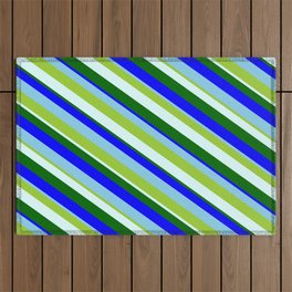 [ Thumbnail: Eye-catching Green, Light Cyan, Dark Green, Blue & Sky Blue Colored Lines/Stripes Pattern Outdoor Rug ]