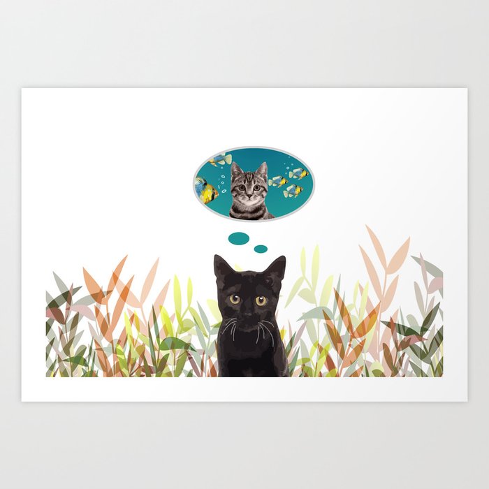 Black cat dreaming of Fishing Cat Art Print