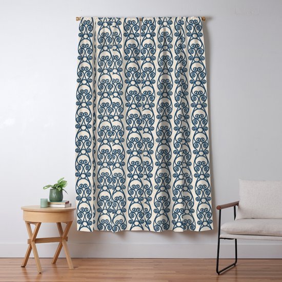 Crackled Scrolled Ikat Pattern Cream Navy Blackout Curtain By