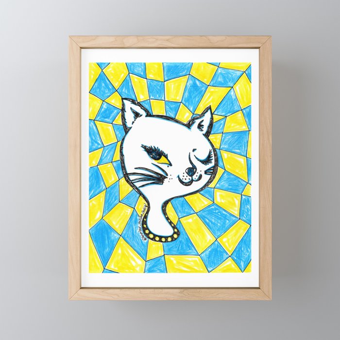 Winking Kitty Blue & Yellow Background Framed Mini Art Print