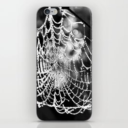 Spider's web with morning dew nature portrait black and white photograph - photography - photographs iPhone Skin