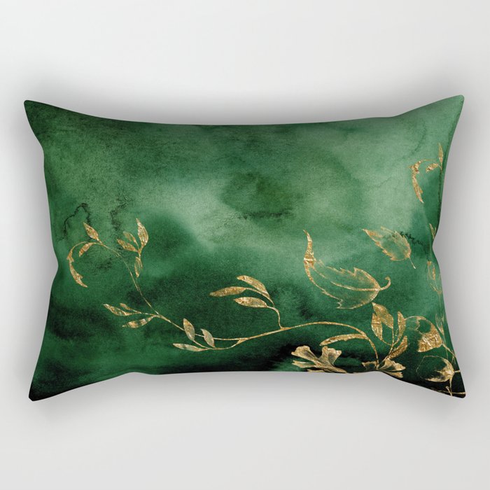Winter Gold Flowers On Emerald Marble Texture Rectangular Pillow