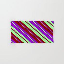 [ Thumbnail: Green, Dark Red & Dark Violet Colored Lined/Striped Pattern Hand & Bath Towel ]