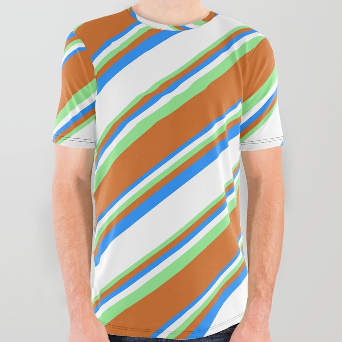 Blue, White, Light Green, and Chocolate Colored Lined Pattern All Over Graphic Tee