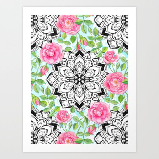 Pink Roses and Mandalas on Sky Blue Lace Art Print