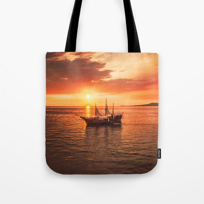 Ocean Sunset Pirate Ship Tote Bag