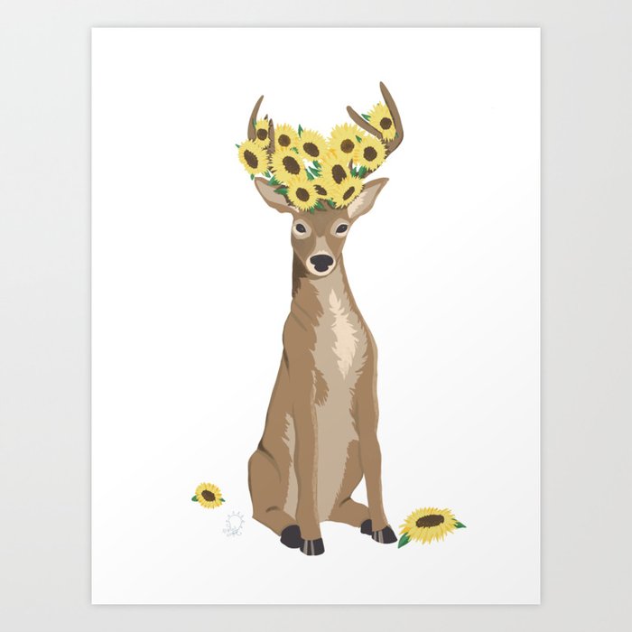 Brown Beautiful Deer with Sunflowers on its Head Art Print