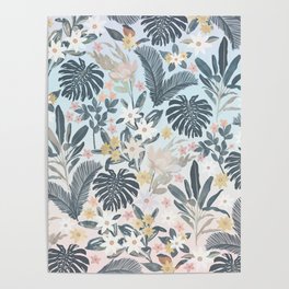 Tropical Grey Gold Foliage Floral Pattern Poster