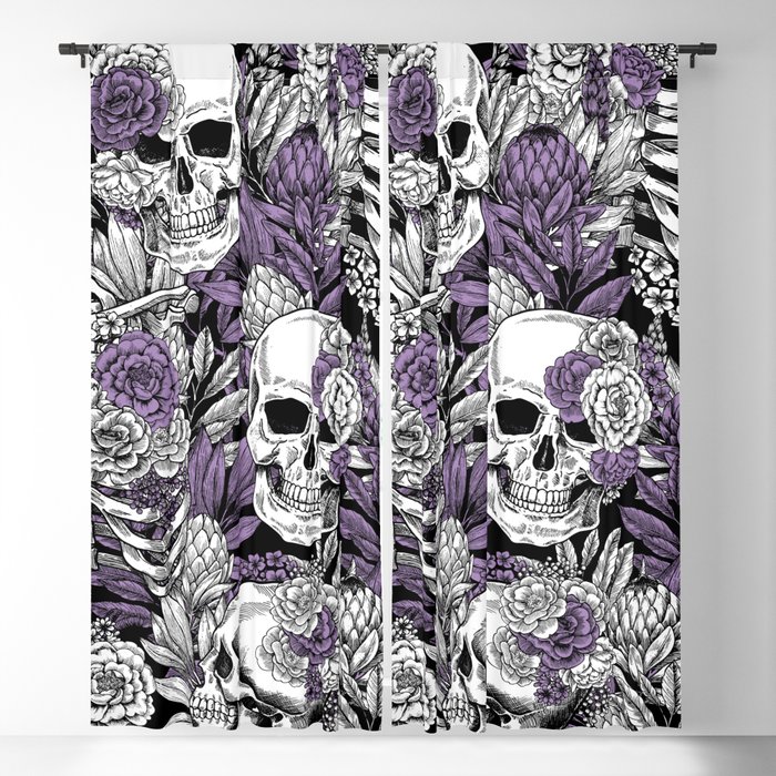 Skulls and Flowers Black Purple Violet Lavender White Vintage Gothic Floral Blackout Curtain