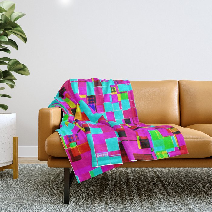 geometric pixel square pattern abstract background in pink blue yellow Throw Blanket