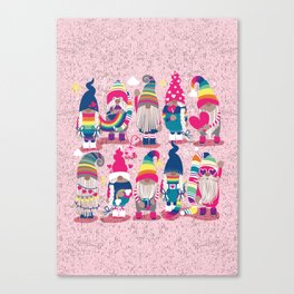 I gnome you // pastel pink background little happy and lovely gnomes with rainbows fuchsia pink hearts Canvas Print