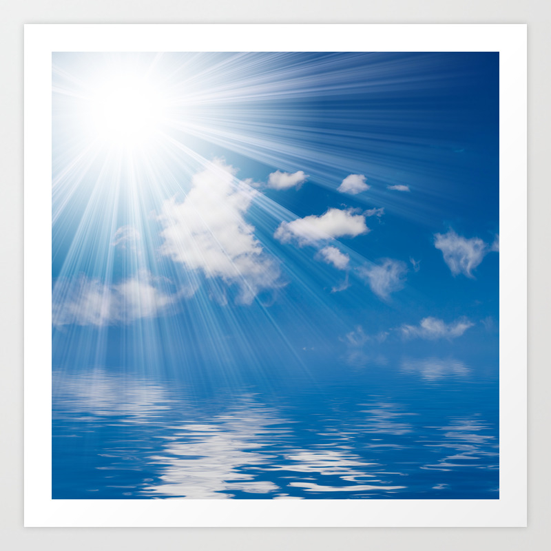 Ocean Clouds And Rays Of Sun Sunny White Clouds Beach Art Print