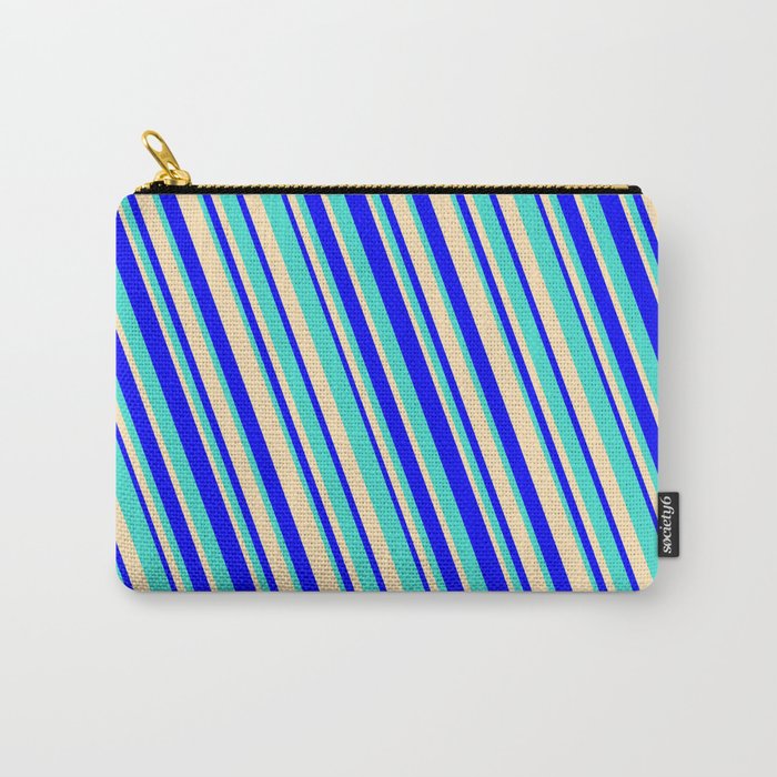 Blue, Turquoise & Beige Colored Striped/Lined Pattern Carry-All Pouch