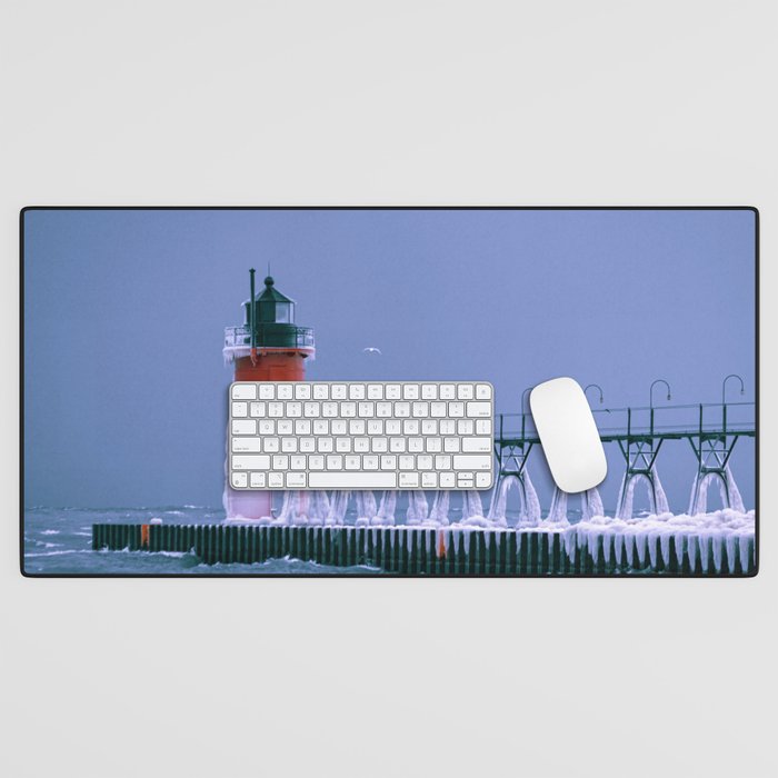 Little Red South Haven Lighthouse Lake Michigan Light Winter Desk Mat