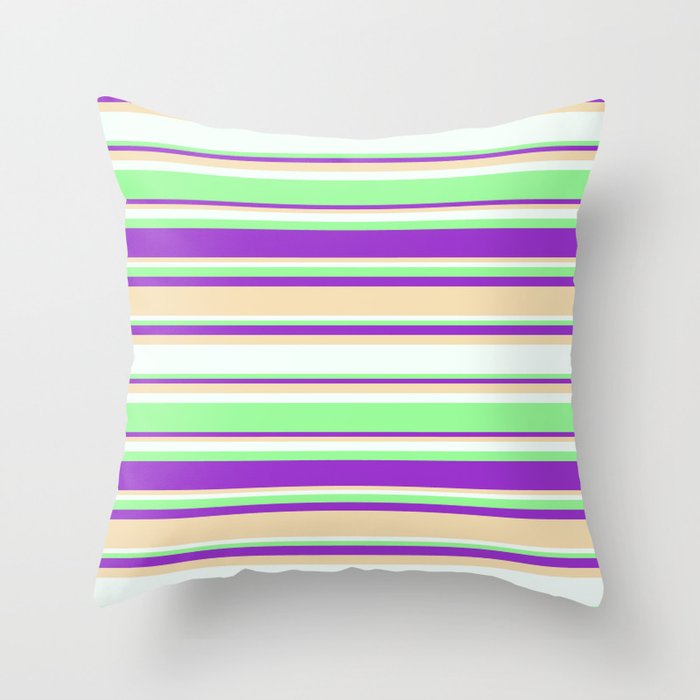 Dark Orchid, Tan, Mint Cream, and Green Colored Stripes Pattern Throw Pillow