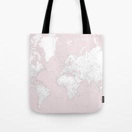 World map, highly detailed in dusty pink and white Tote Bag