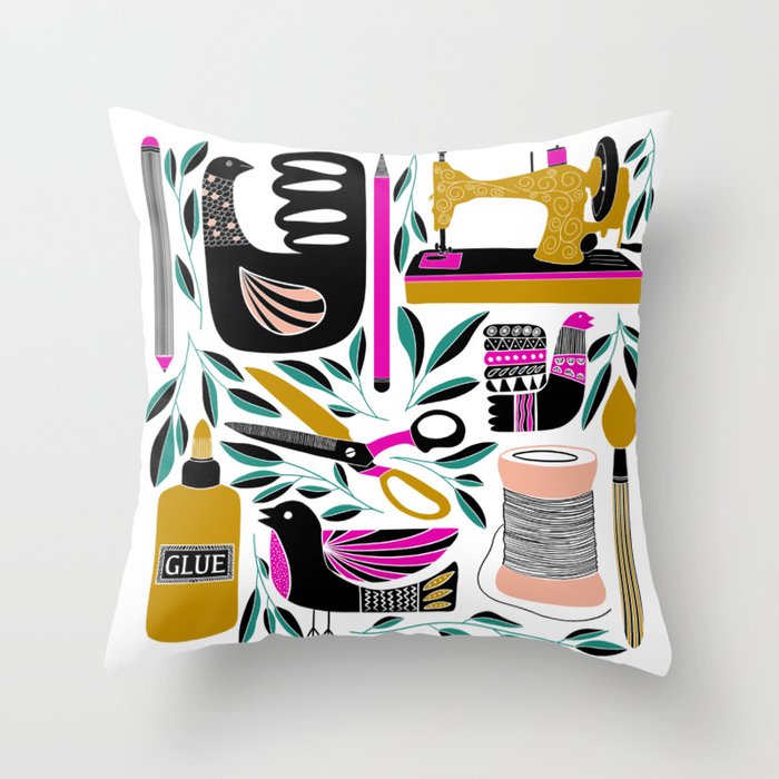 Crafty Happy Craft Supplies Folk Art Style Illustration Throw