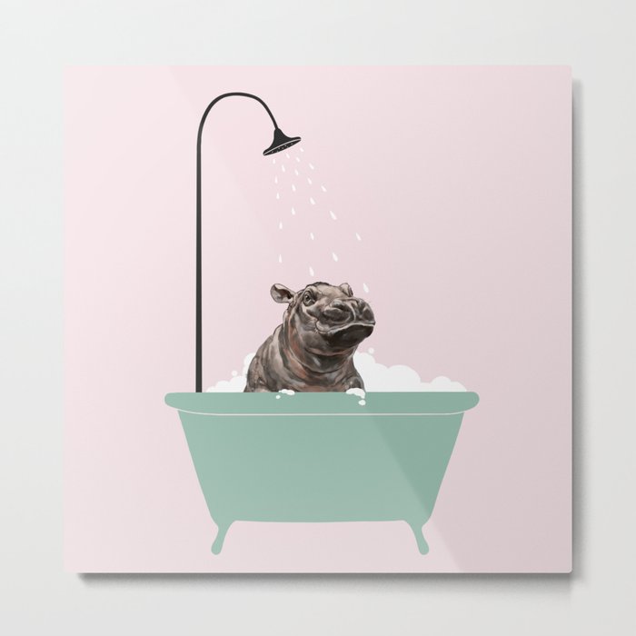 Hippo Enjoying Bubble Bath Metal Print
