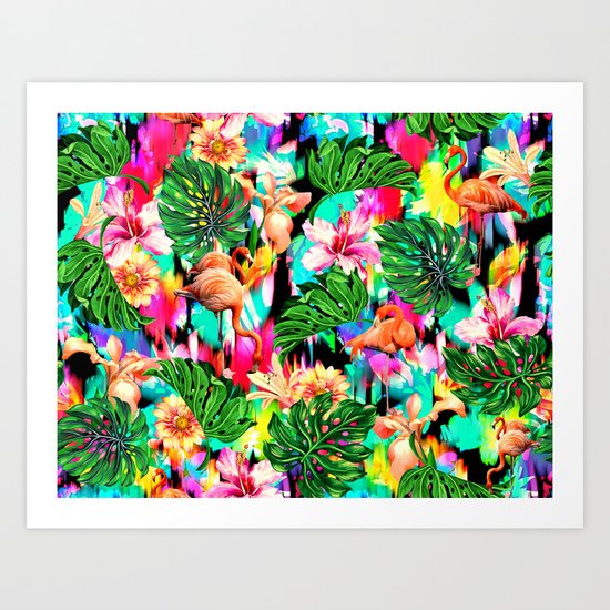 Flamingo and Tropical Pattern Art Print