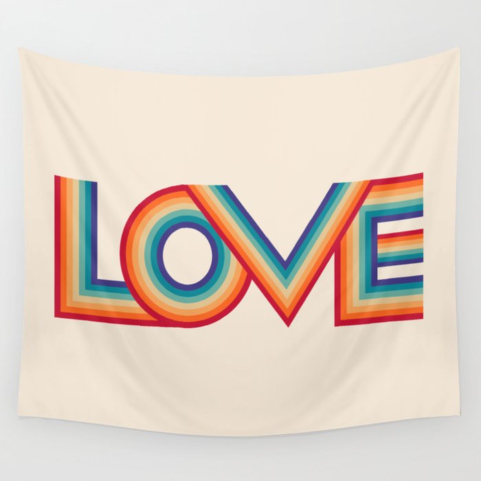 Love in Retro Rainbow Stripes Wall Tapestry