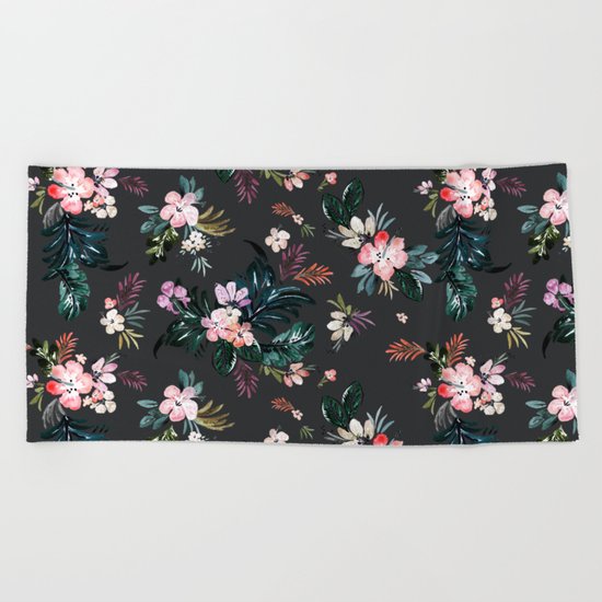 Layla - Tropical Floral - black Beach Towel
