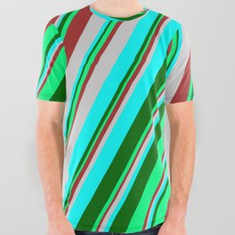[ Thumbnail: Colorful Brown, Light Grey, Cyan, Dark Green, and Green Colored Stripes Pattern All Over Graphic Tee ]