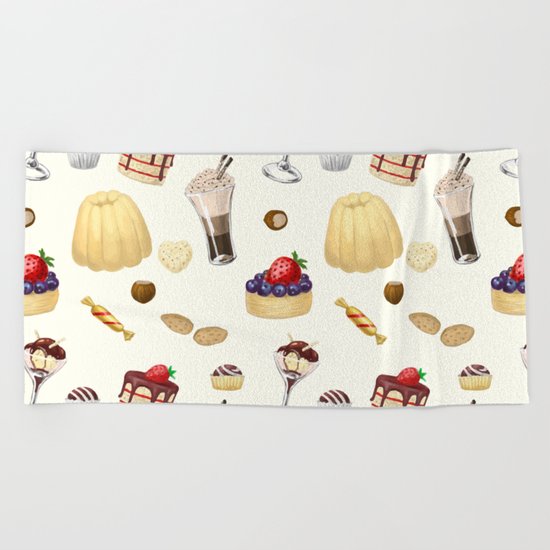 Sweet pattern with various desserts. Beach Towel