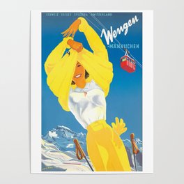 1945 SWITZERLAND Wengen Ski Travel Poster Poster