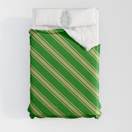[ Thumbnail: Green & Dark Khaki Colored Lines Pattern Duvet Cover ]