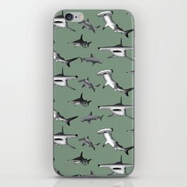 Hammerhead Shark pattern on loden green iPhone Skin