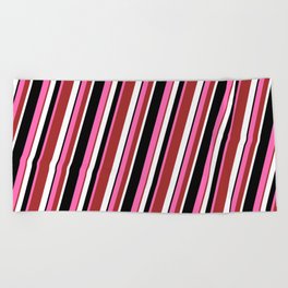[ Thumbnail: Hot Pink, Brown, White & Black Colored Lined/Striped Pattern Beach Towel ]